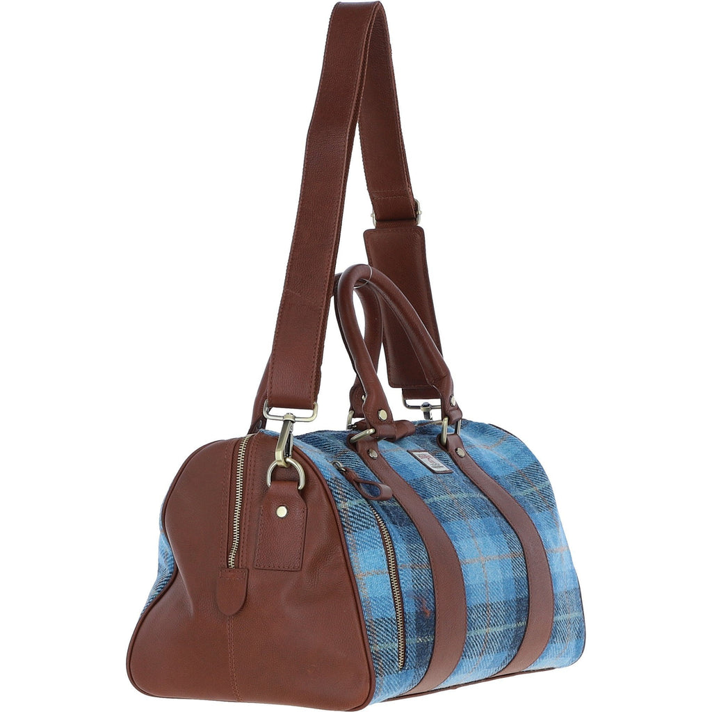 Leather & Harris Tweed Small Holdall – Tan / Light Blue, view 4