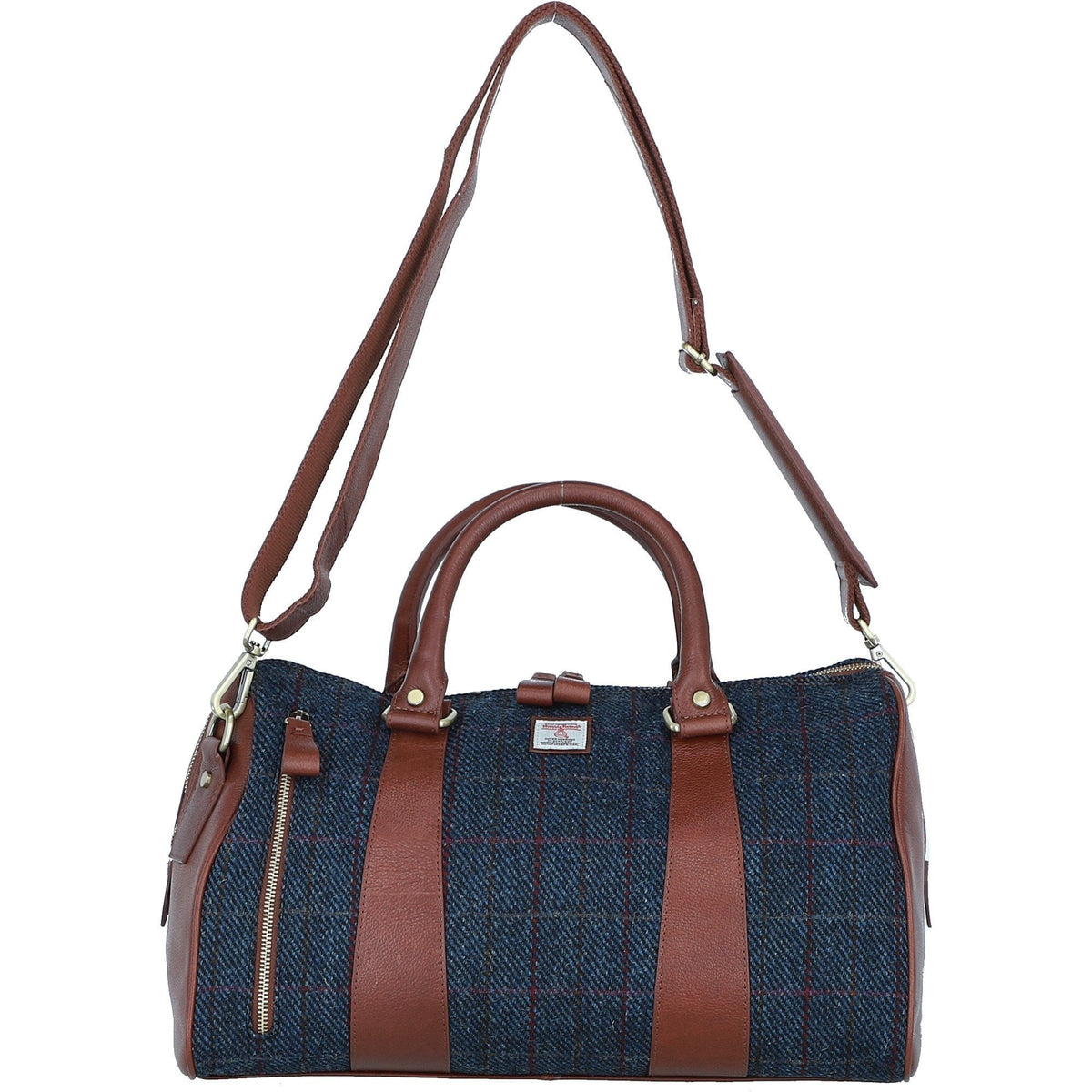 Leather & Harris Tweed Small Holdall – Tan / Navy, view 1