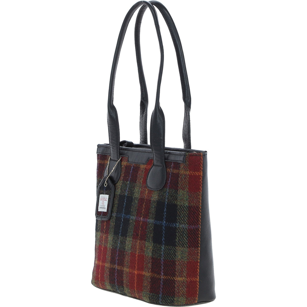 Leather & Harris Tweed Shopper Shoulder Bag – Black / Green / Red, view 2