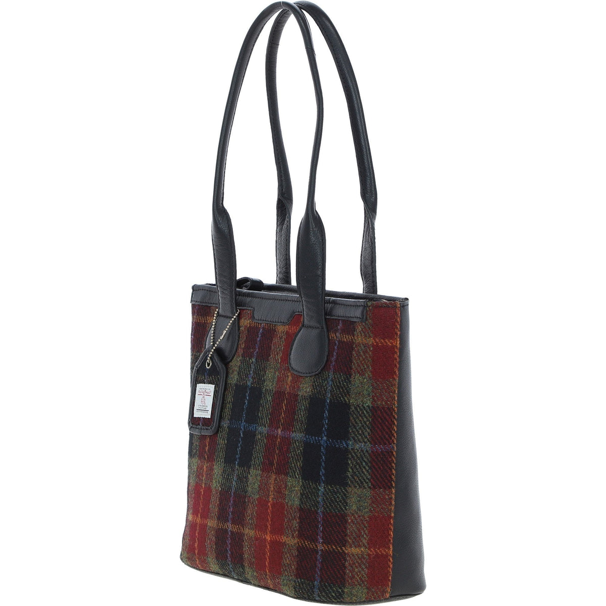 Leather & Harris Tweed Shopper Shoulder Bag – Black / Green / Red, view 2