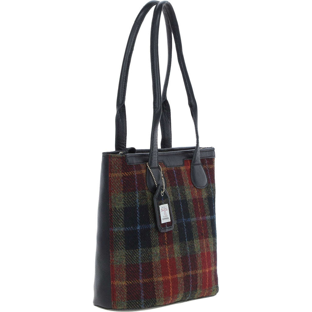 Leather & Harris Tweed Shopper Shoulder Bag – Black / Green / Red, view 4