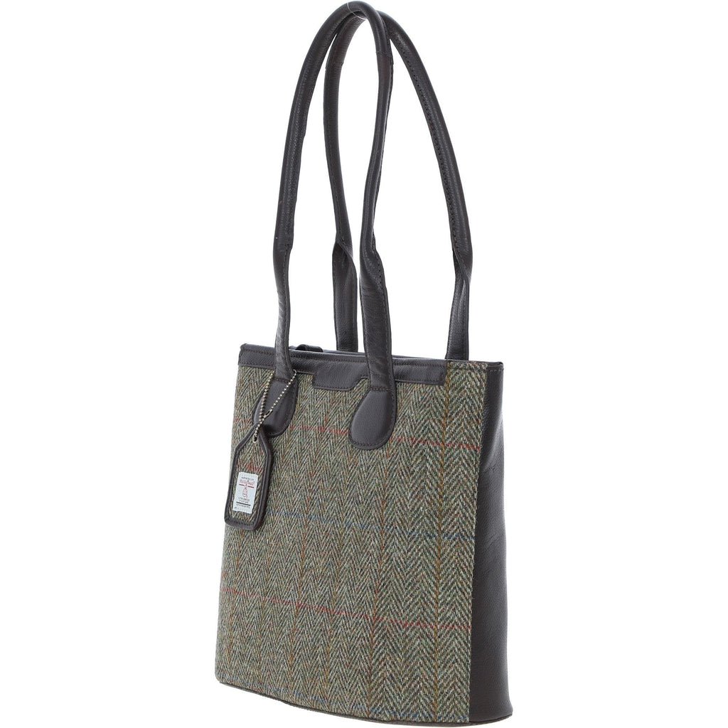 Leather & Harris Tweed Shopper Shoulder Bag – Brown / Green, view 2