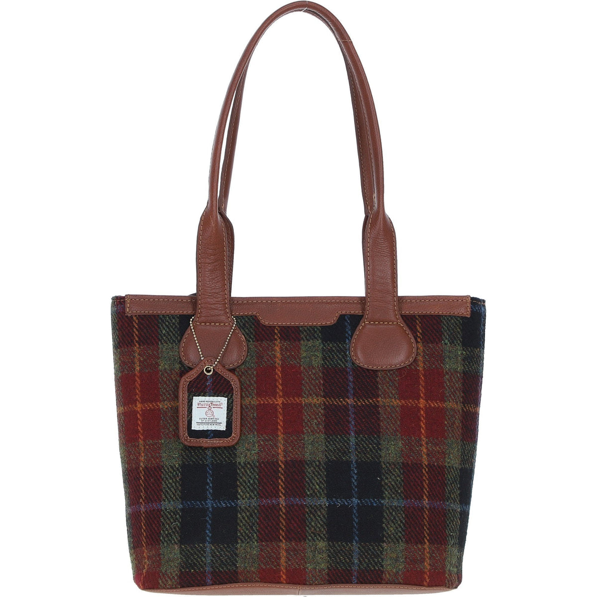 Leather & Harris Tweed Shopper Shoulder Bag – Tan / Green / Red, view 1