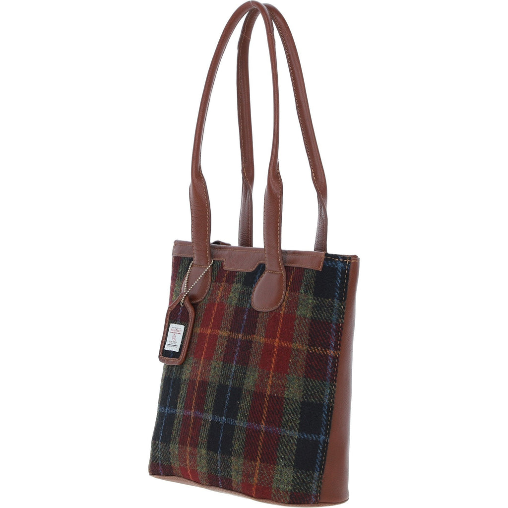 Leather & Harris Tweed Shopper Shoulder Bag – Tan / Green / Red, view 2
