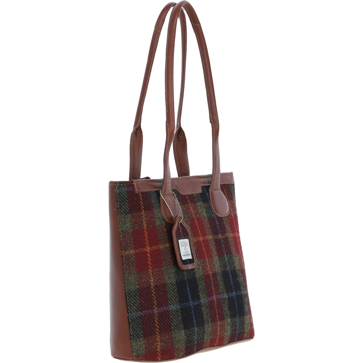 Leather & Harris Tweed Shopper Shoulder Bag – Tan / Green / Red, view 4
