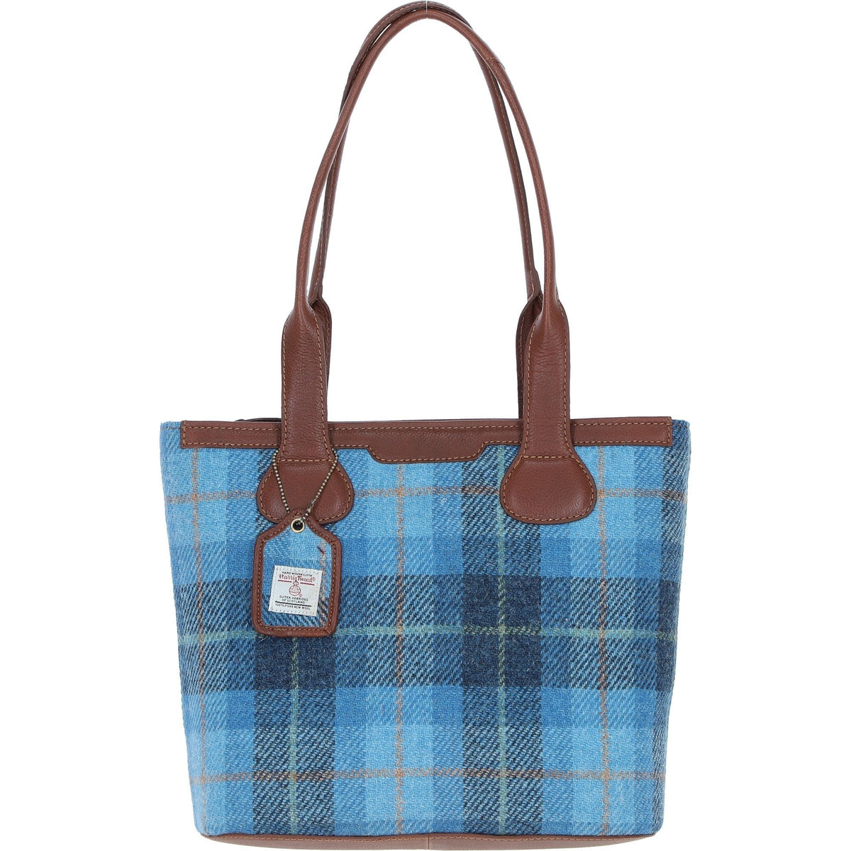 Leather & Harris Tweed Shopper Shoulder Bag – Tan / Light Blue, view 1