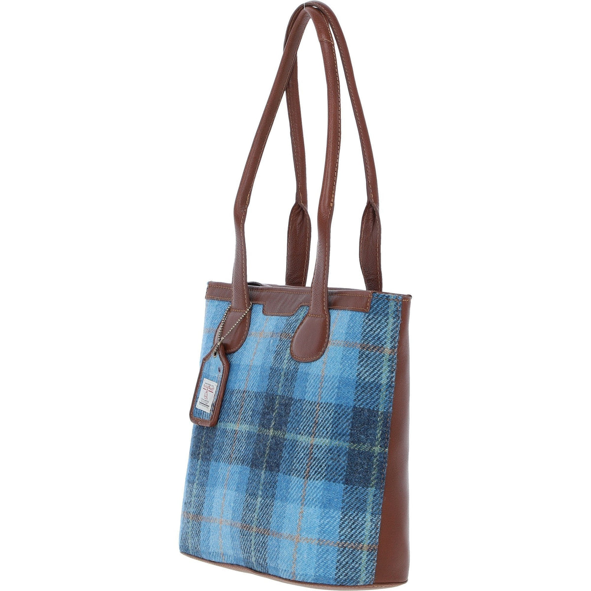 Leather & Harris Tweed Shopper Shoulder Bag – Tan / Light Blue, view 2