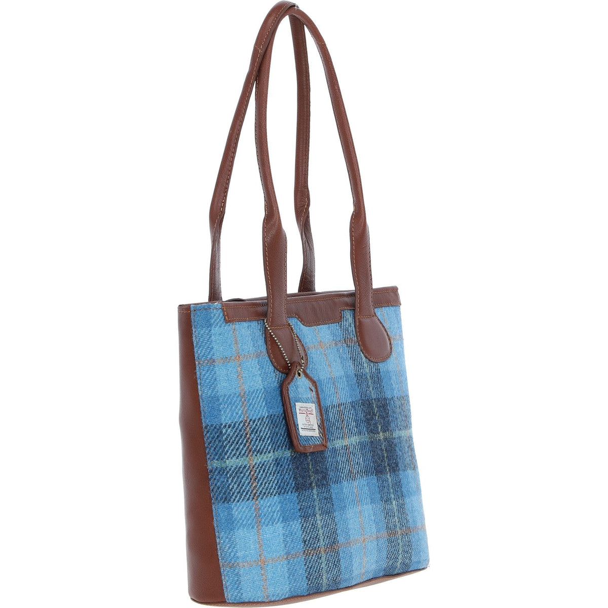Leather & Harris Tweed Shopper Shoulder Bag – Tan / Light Blue, view 4