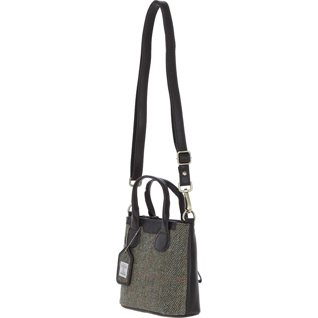 Leather & Harris Tweed Small Grab Bag – Brown / Green, view 2