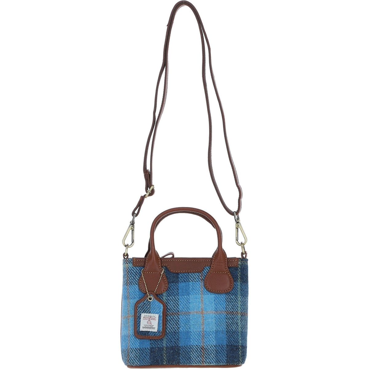 Leather & Harris Tweed Small Grab Bag – Tan / Light Blue, view 1