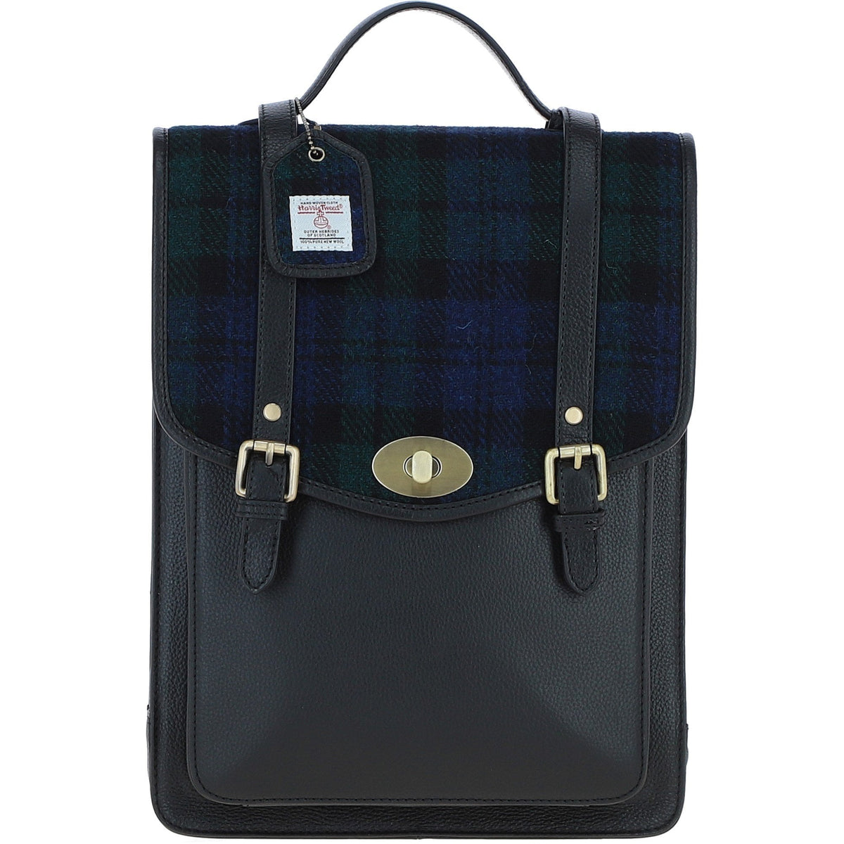 Leather & Harris Tweed Large Twist Lock Backpack – Black / Watch, view 1