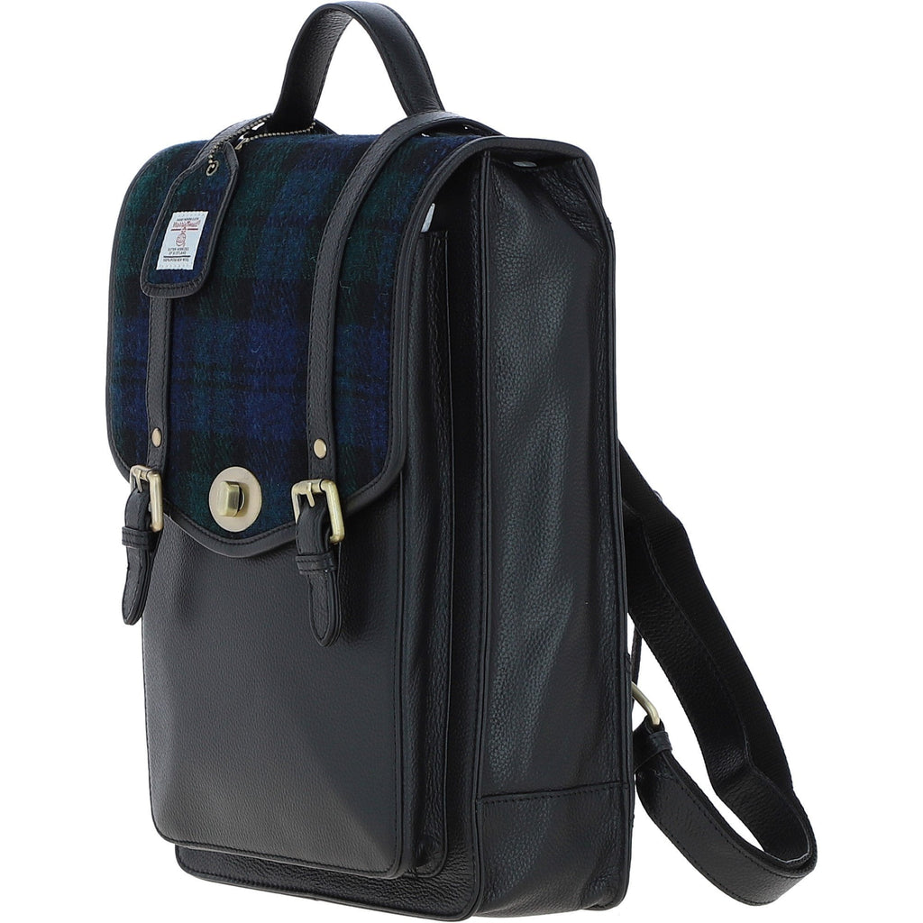 Leather & Harris Tweed Large Twist Lock Backpack – Black / Watch, view 2