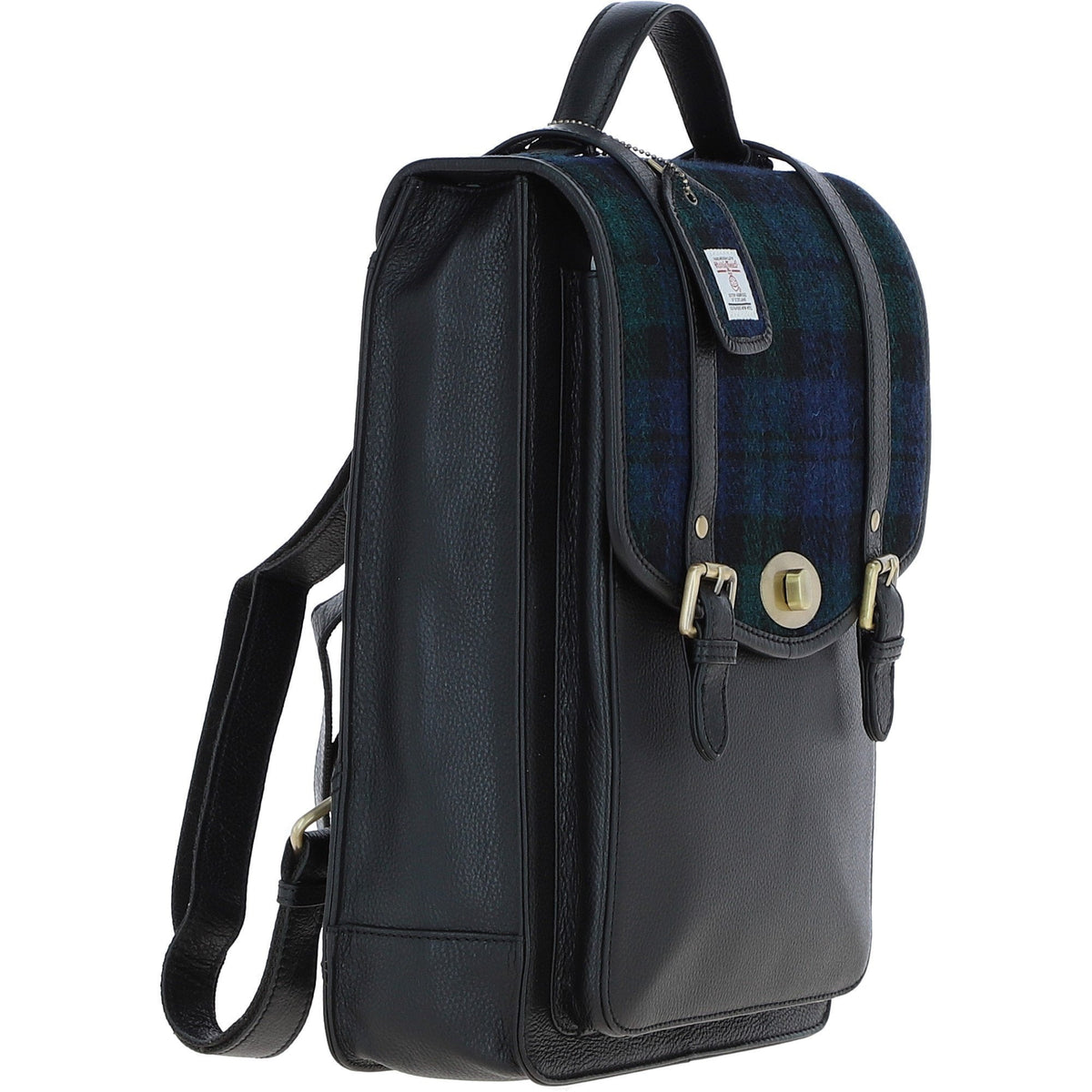 Leather & Harris Tweed Large Twist Lock Backpack – Black / Watch, view 4