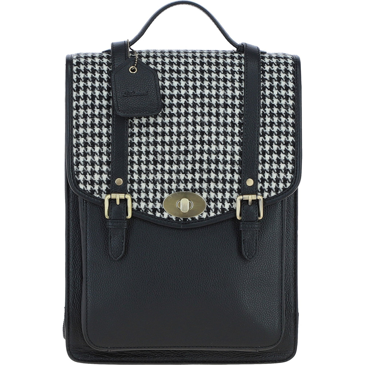 Leather & Harris Tweed Large Twist Lock Backpack – Black / White, view 1