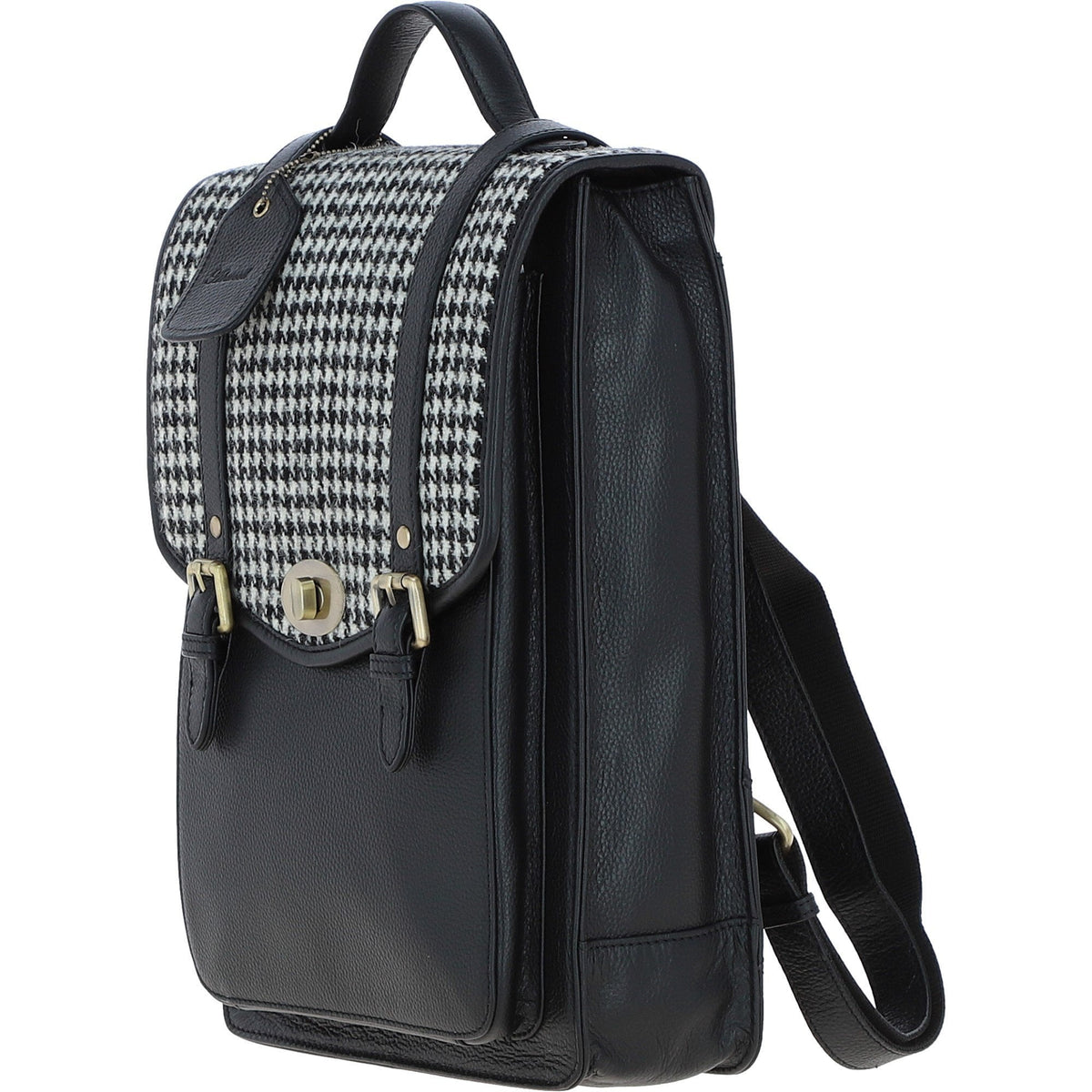 Leather & Harris Tweed Large Twist Lock Backpack – Black / White, view 2