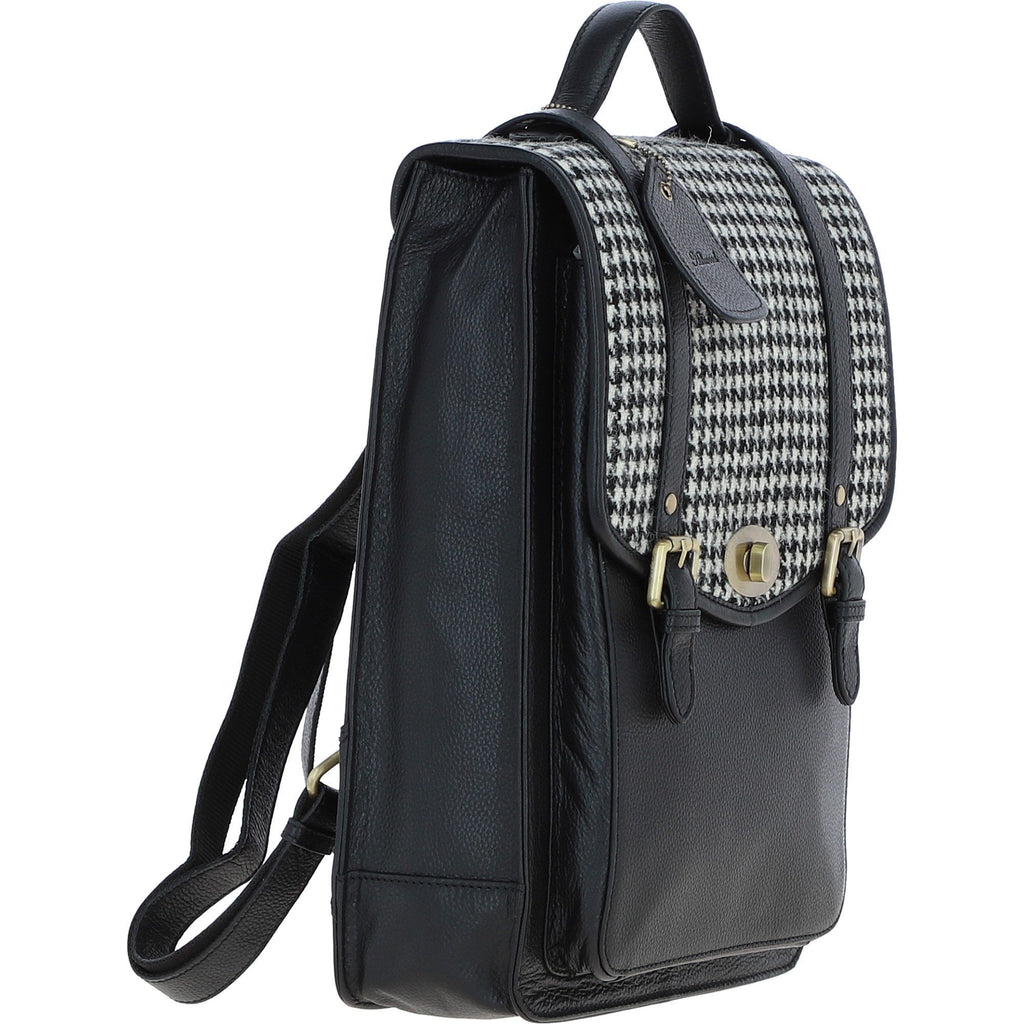 Leather & Harris Tweed Large Twist Lock Backpack – Black / White, view 4