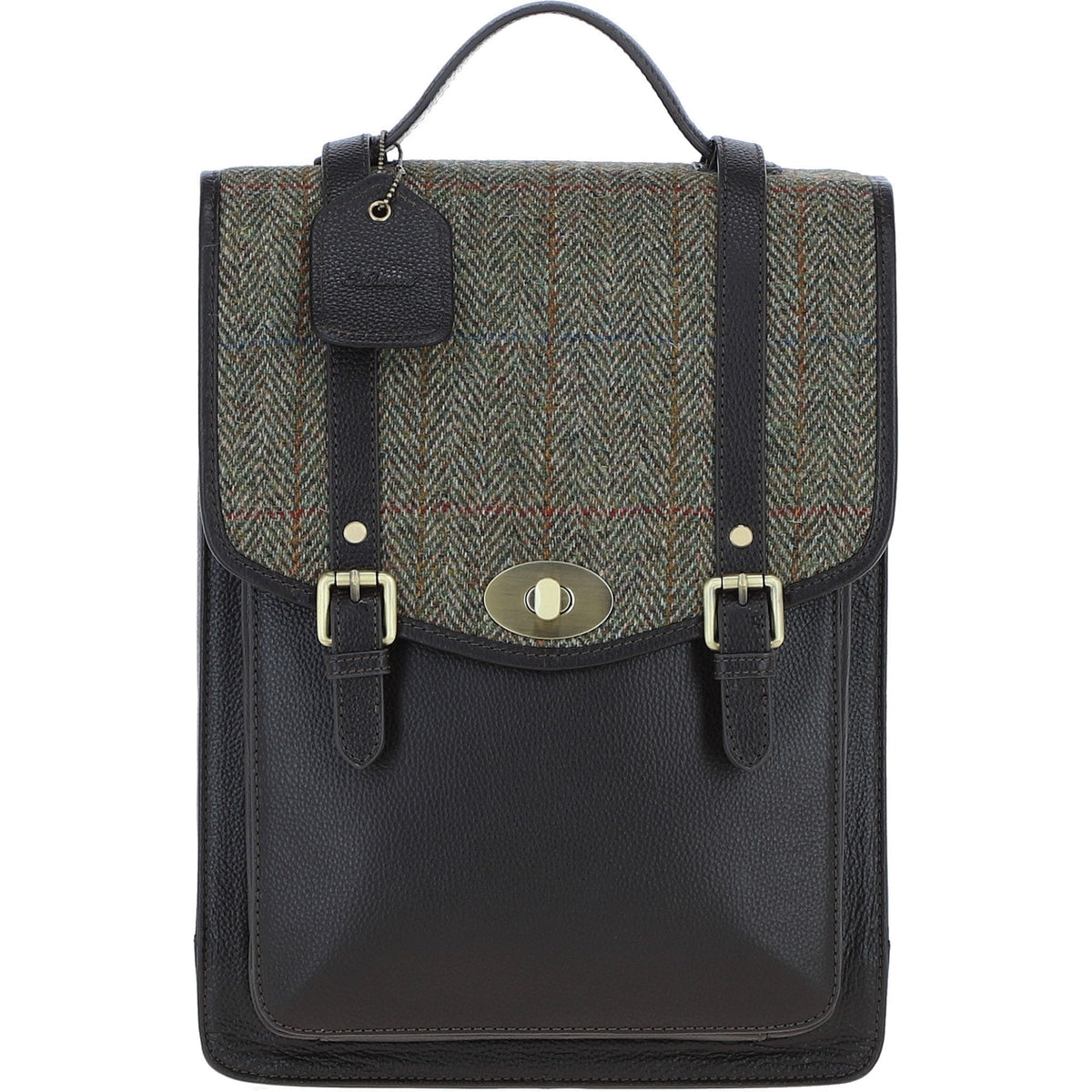 Leather & Harris Tweed Large Twist Lock Backpack – Brown / Green, view 1