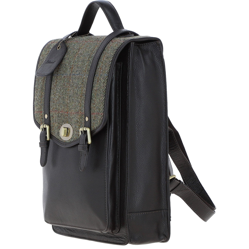 Leather & Harris Tweed Large Twist Lock Backpack – Brown / Green, view 2