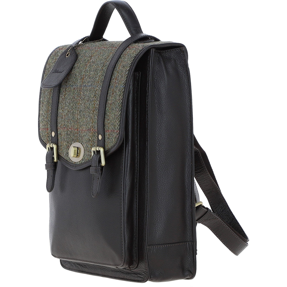 Leather & Harris Tweed Large Twist Lock Backpack – Brown / Green, view 2