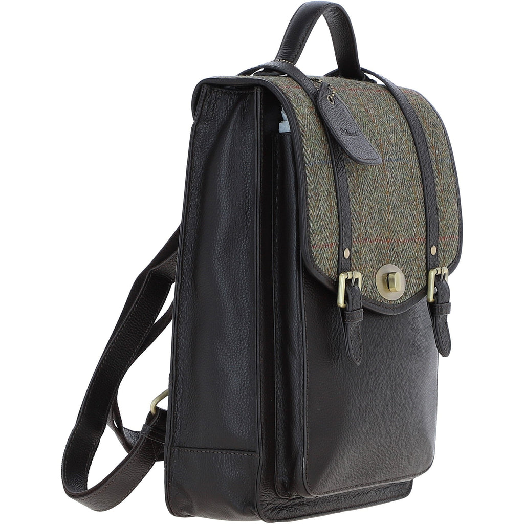Leather & Harris Tweed Large Twist Lock Backpack – Brown / Green, view 4