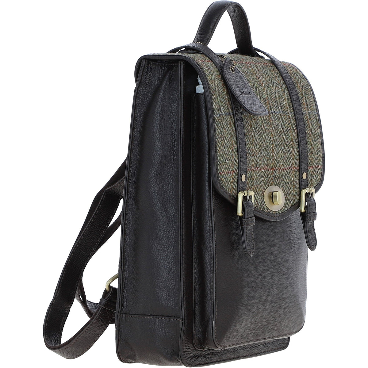 Leather & Harris Tweed Large Twist Lock Backpack – Brown / Green, view 4