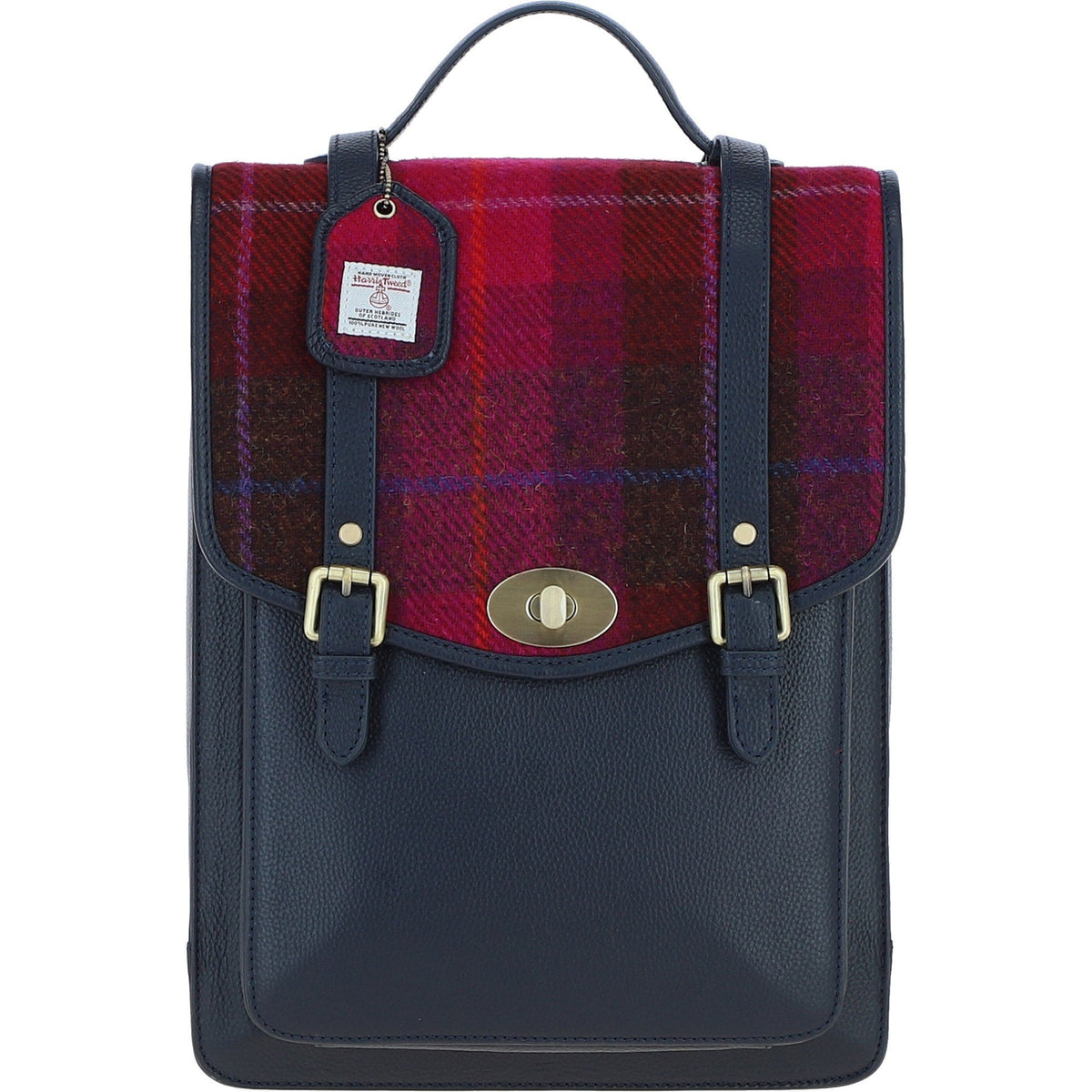 Leather & Harris Tweed Large Twist Lock Backpack – Navy / Pink, view 1