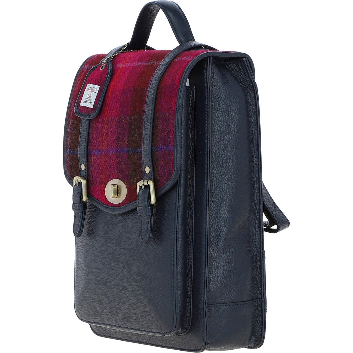 Leather & Harris Tweed Large Twist Lock Backpack – Navy / Pink, view 2