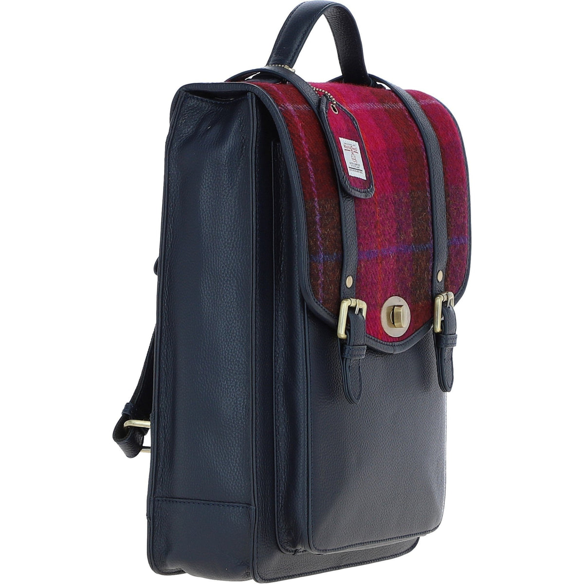 Leather & Harris Tweed Large Twist Lock Backpack – Navy / Pink, view 4