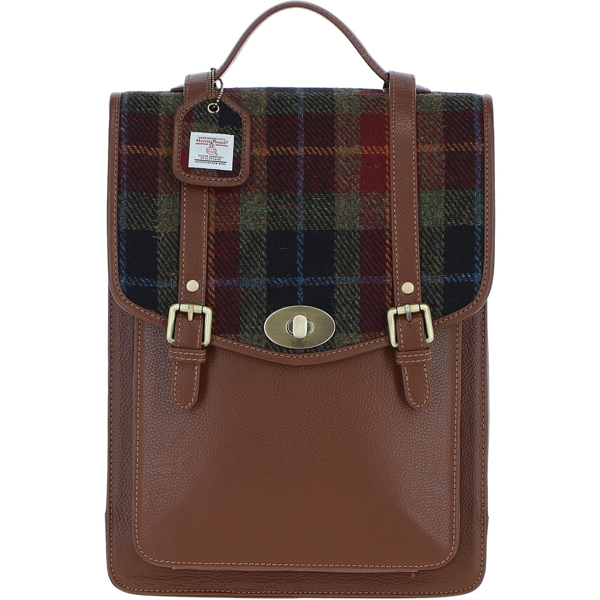 Leather & Harris Tweed Large Twist Lock Backpack – Tan / Green / Red, view 1