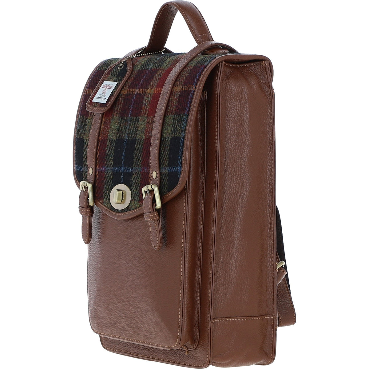 Leather & Harris Tweed Large Twist Lock Backpack – Tan / Green / Red, view 2
