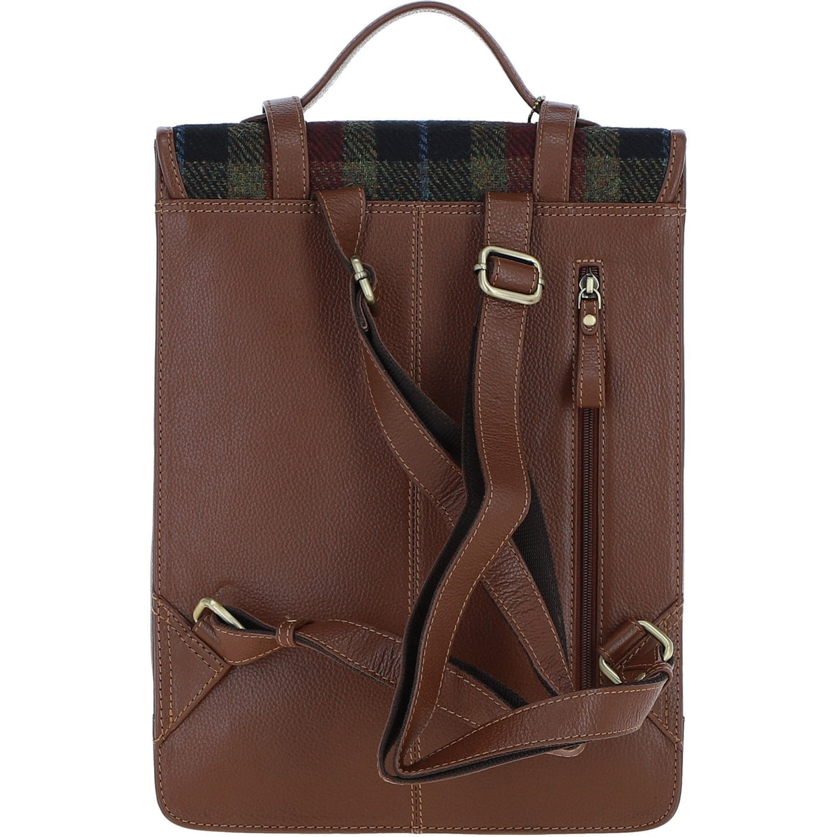 Leather & Harris Tweed Large Twist Lock Backpack – Tan / Green / Red, view 3