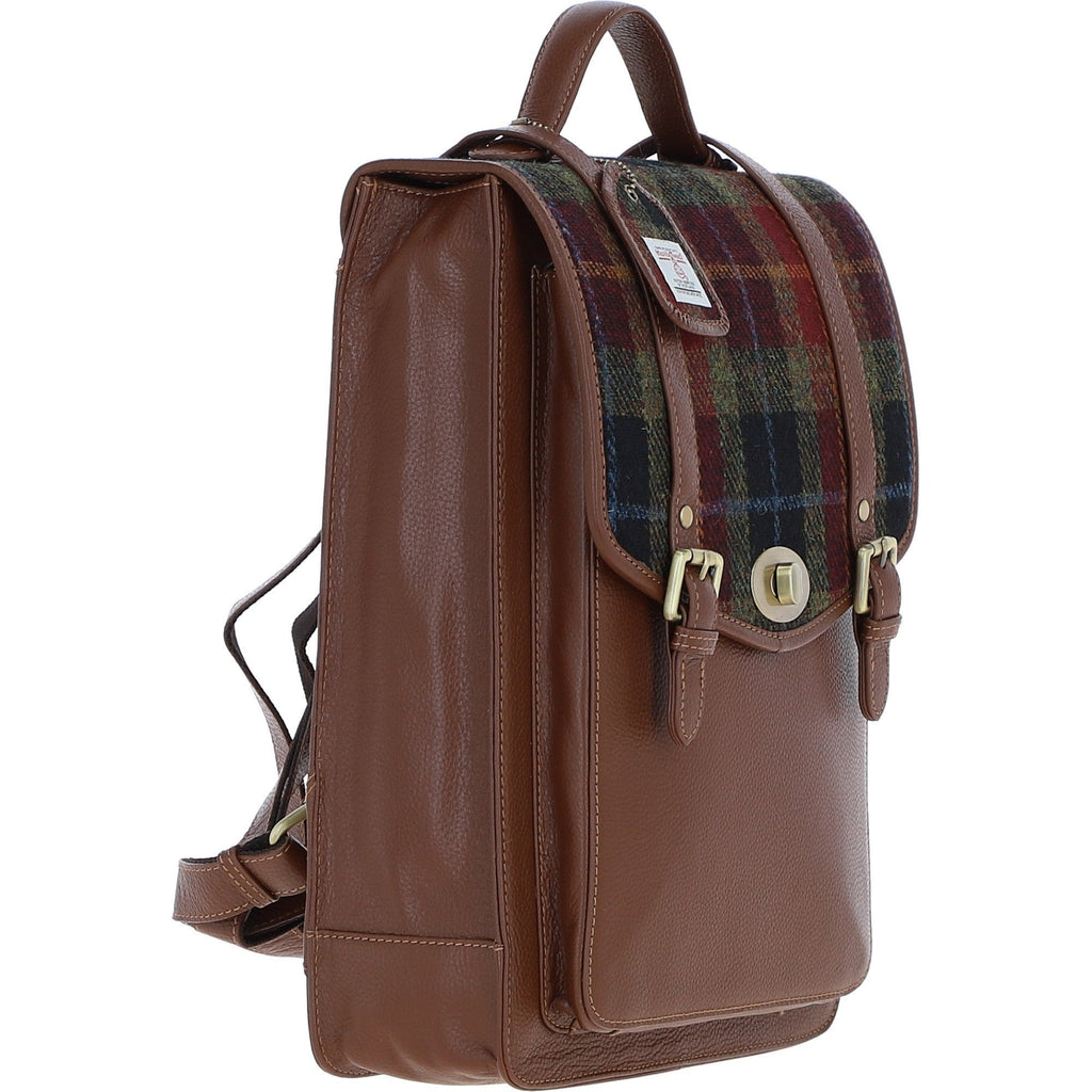 Leather & Harris Tweed Large Twist Lock Backpack – Tan / Green / Red, view 4