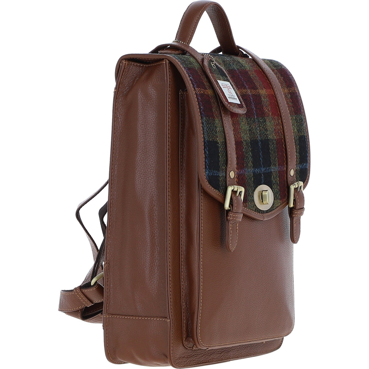 Leather & Harris Tweed Large Twist Lock Backpack – Tan / Green / Red, view 4