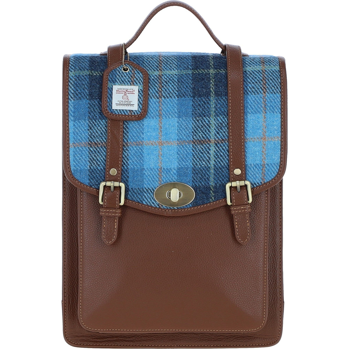 Leather & Harris Tweed Large Twist Lock Backpack – Tan / Light Blue, view 1