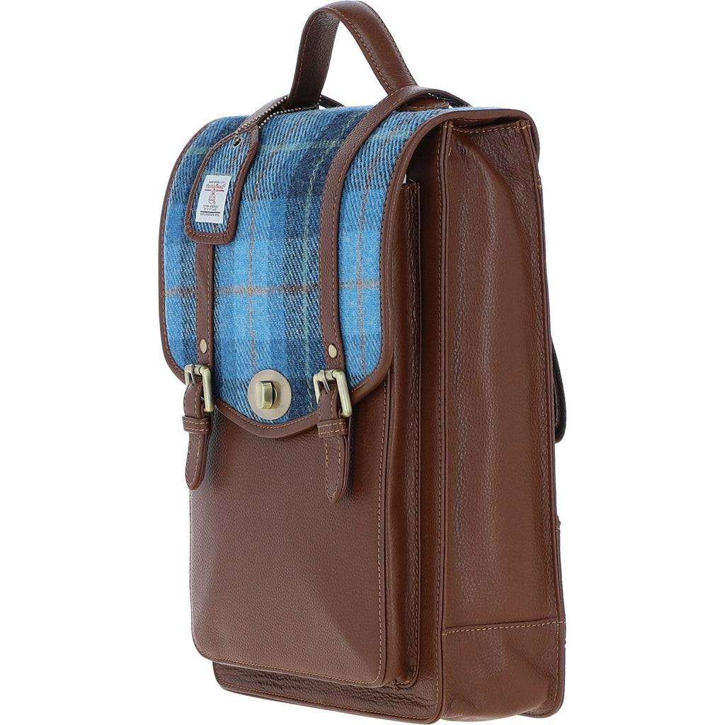 Leather & Harris Tweed Large Twist Lock Backpack – Tan / Light Blue, view 3