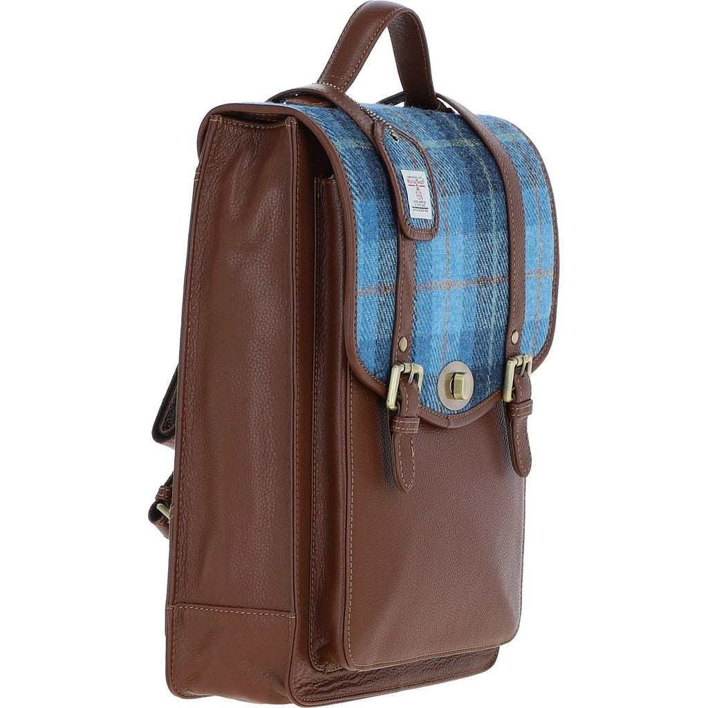 Leather & Harris Tweed Large Twist Lock Backpack – Tan / Light Blue, view 5