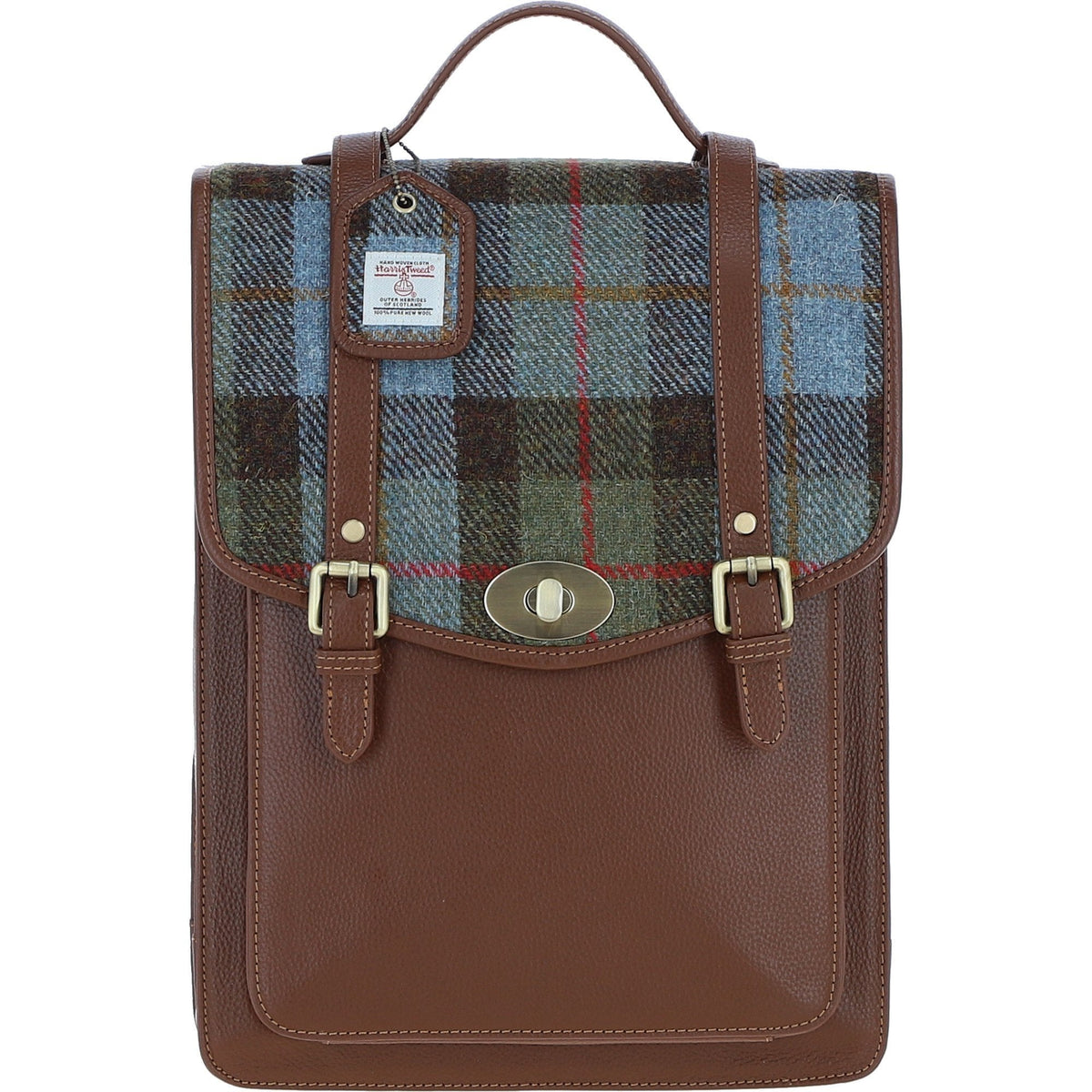 Leather & Harris Tweed Large Twist Lock Backpack – Tan / Macleod, view 1