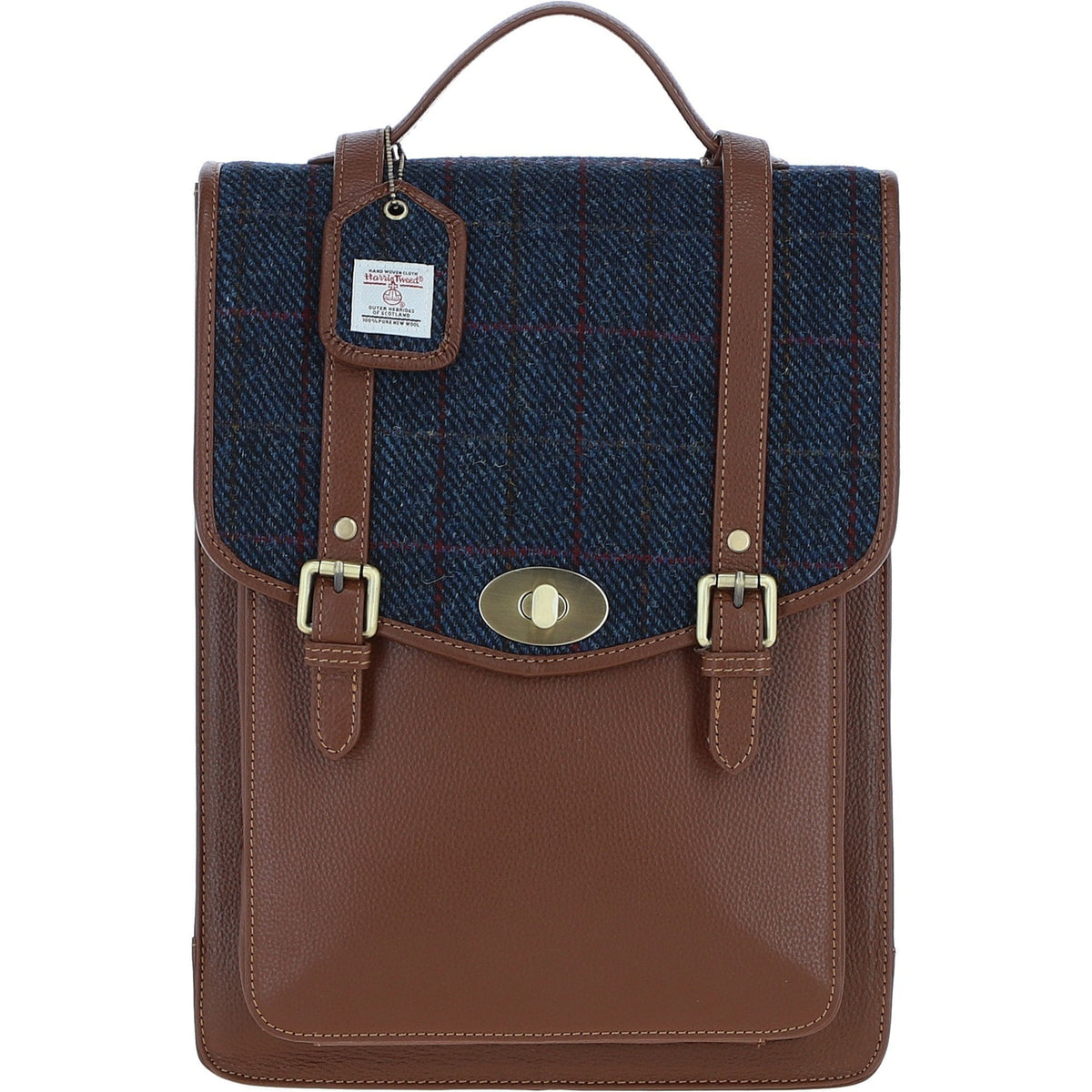 Leather & Harris Tweed Large Twist Lock Backpack – Tan / Navy, view 1