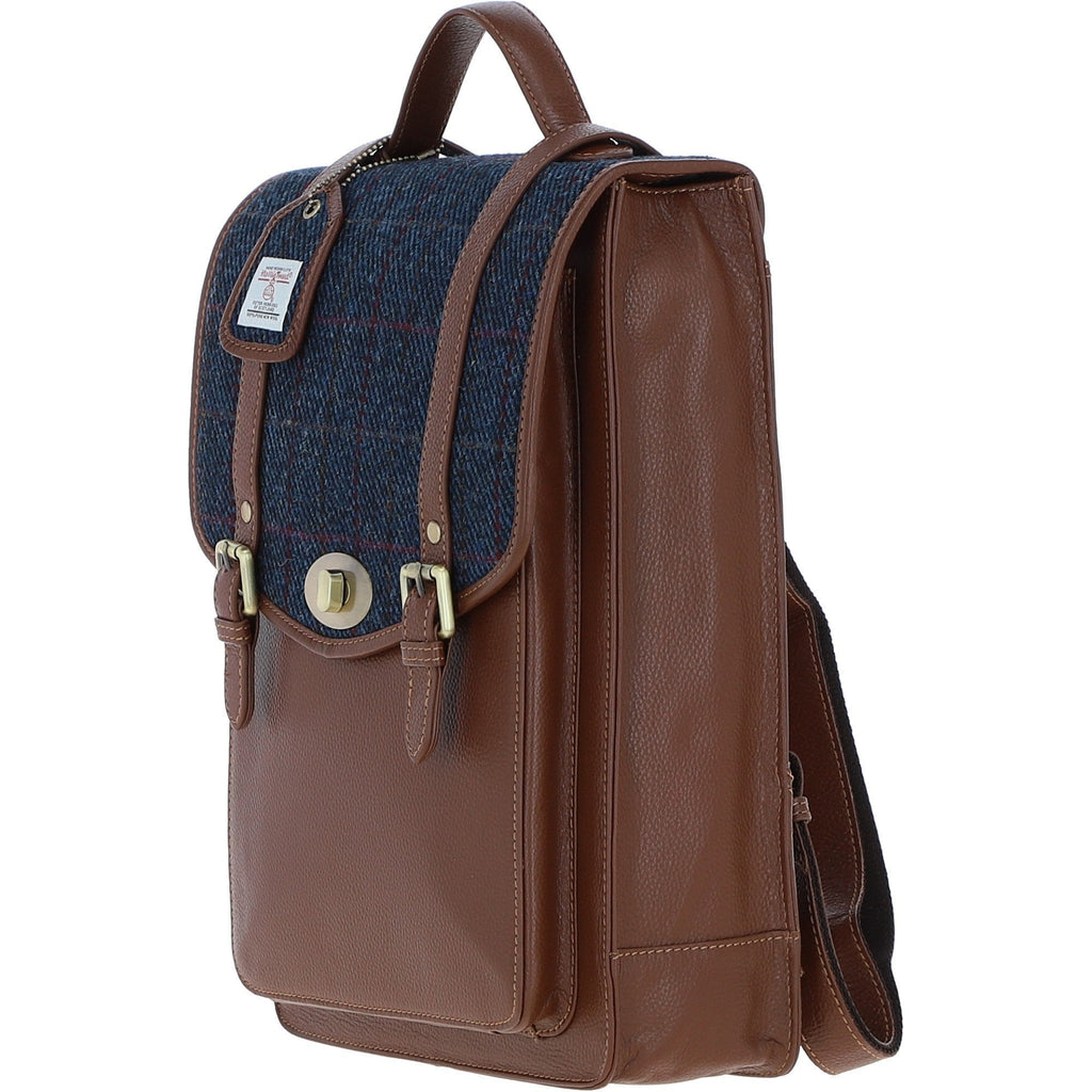 Leather & Harris Tweed Large Twist Lock Backpack – Tan / Navy, view 2
