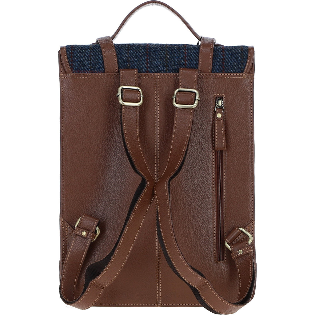 Leather & Harris Tweed Large Twist Lock Backpack – Tan / Navy, view 3