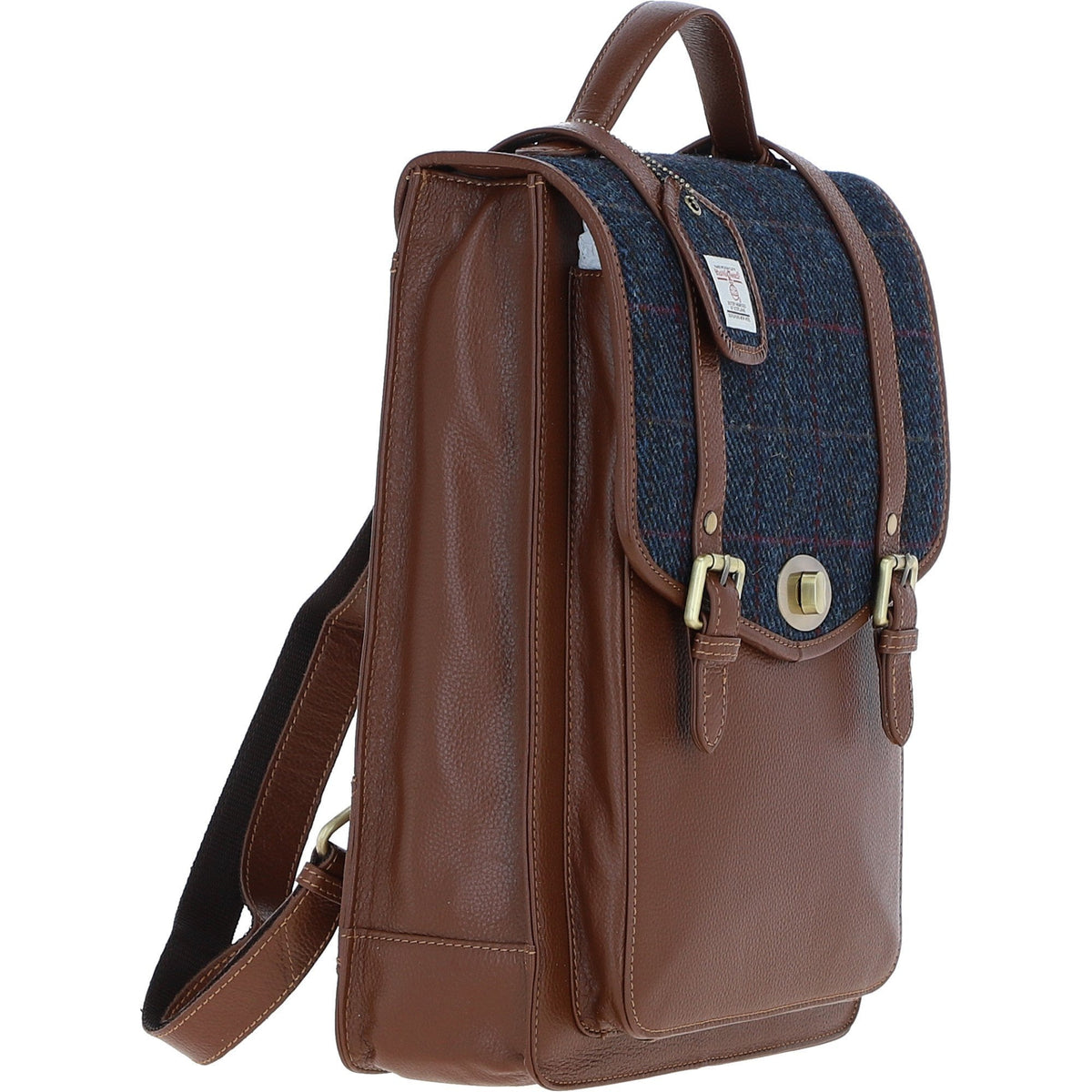 Leather & Harris Tweed Large Twist Lock Backpack – Tan / Navy, view 4