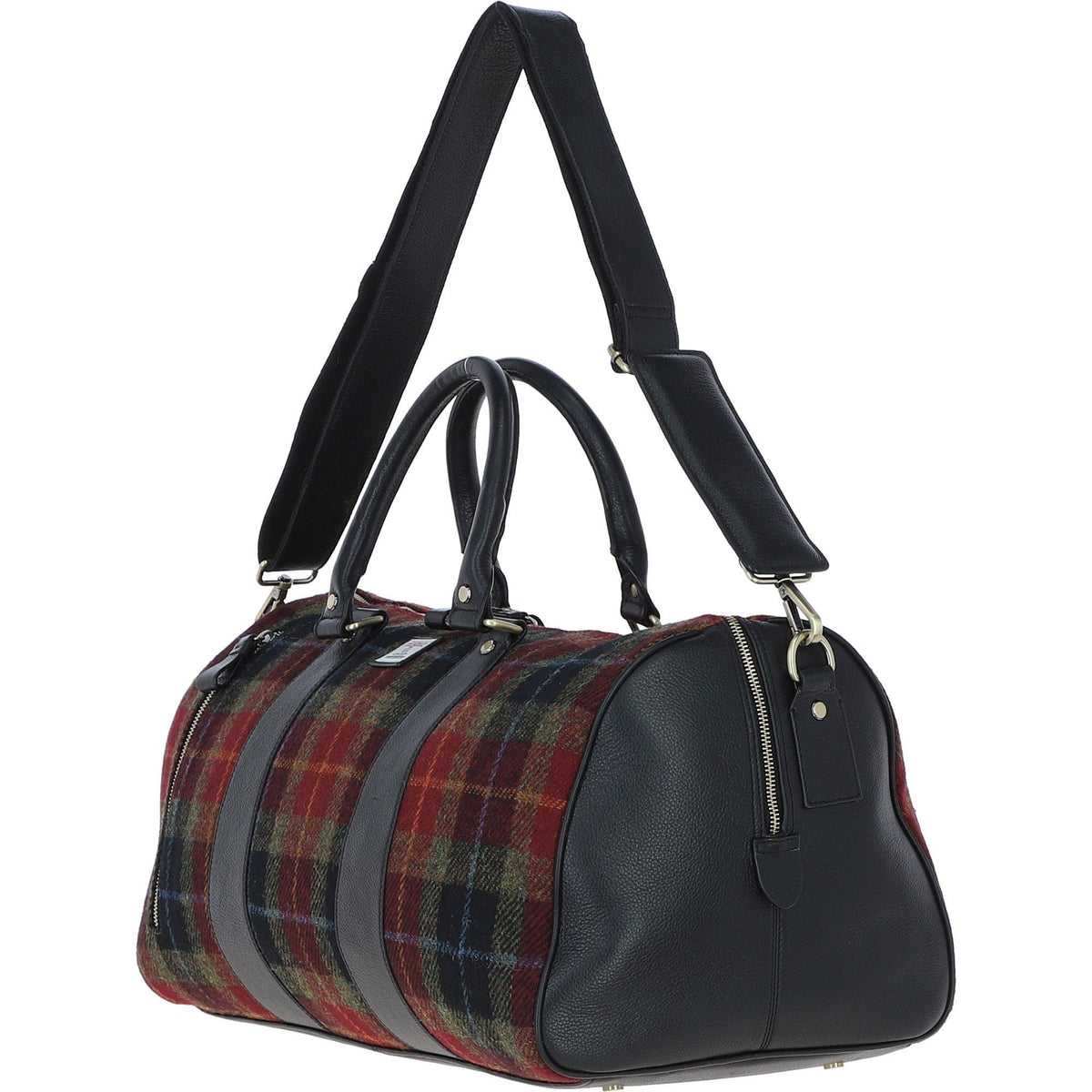 Leather & Harris Tweed Large Holdall – Black / Green / Red, view 2