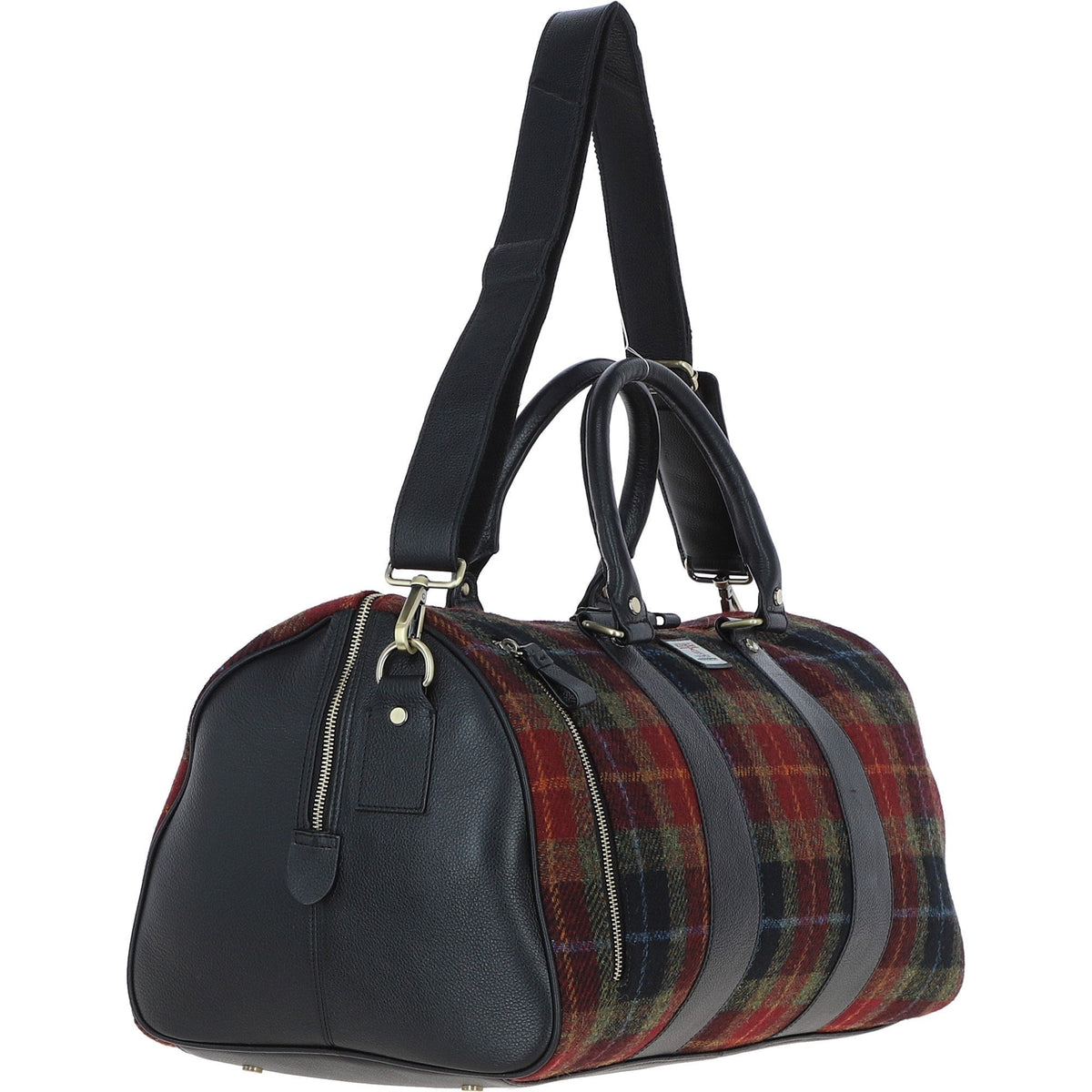 Leather & Harris Tweed Large Holdall – Black / Green / Red, view 4