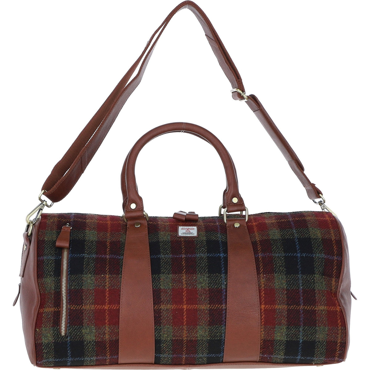 Leather & Harris Tweed Large Holdall – Tan / Green / Red, view 1