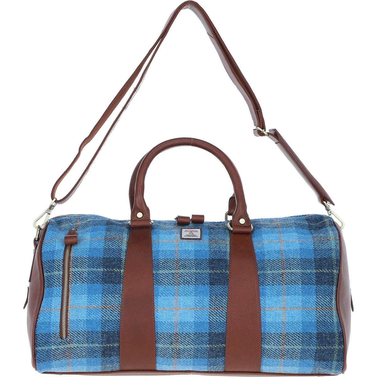 Leather & Harris Tweed Large Holdall – Tan / Light Blue, view 1