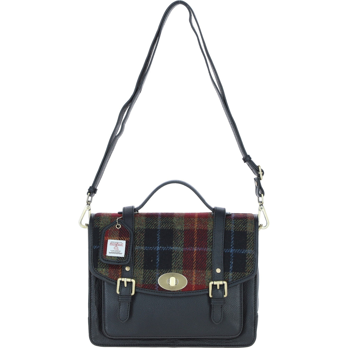 Leather & Harris Tweed Large Twist Lock Satchel – Black / Green / Red, view 1
