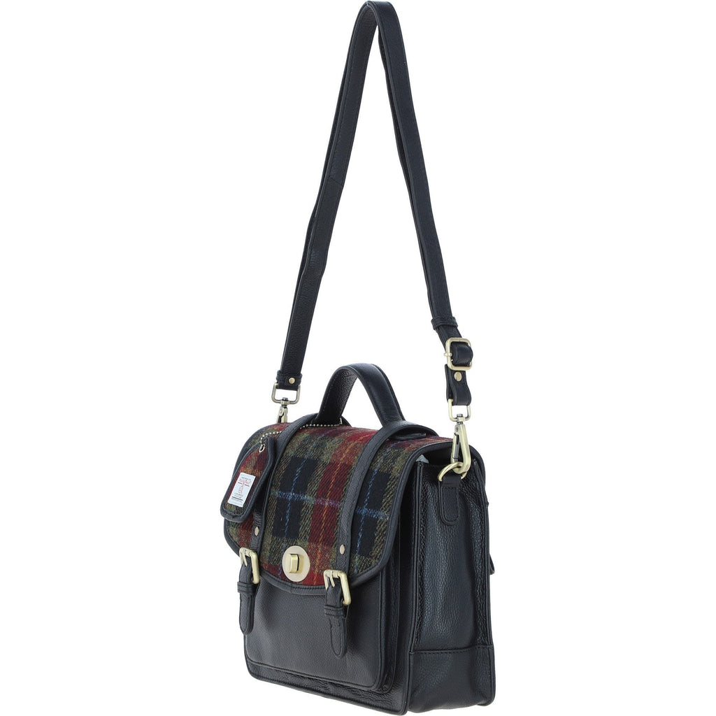 Leather & Harris Tweed Large Twist Lock Satchel – Black / Green / Red, view 2