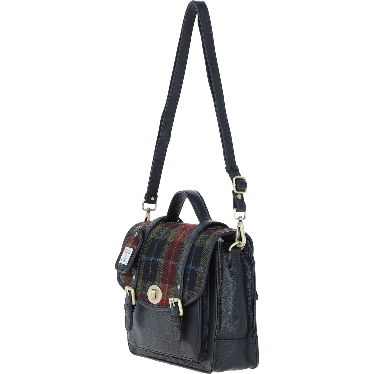 Leather & Harris Tweed Large Twist Lock Satchel – Black / Green / Red, view 2