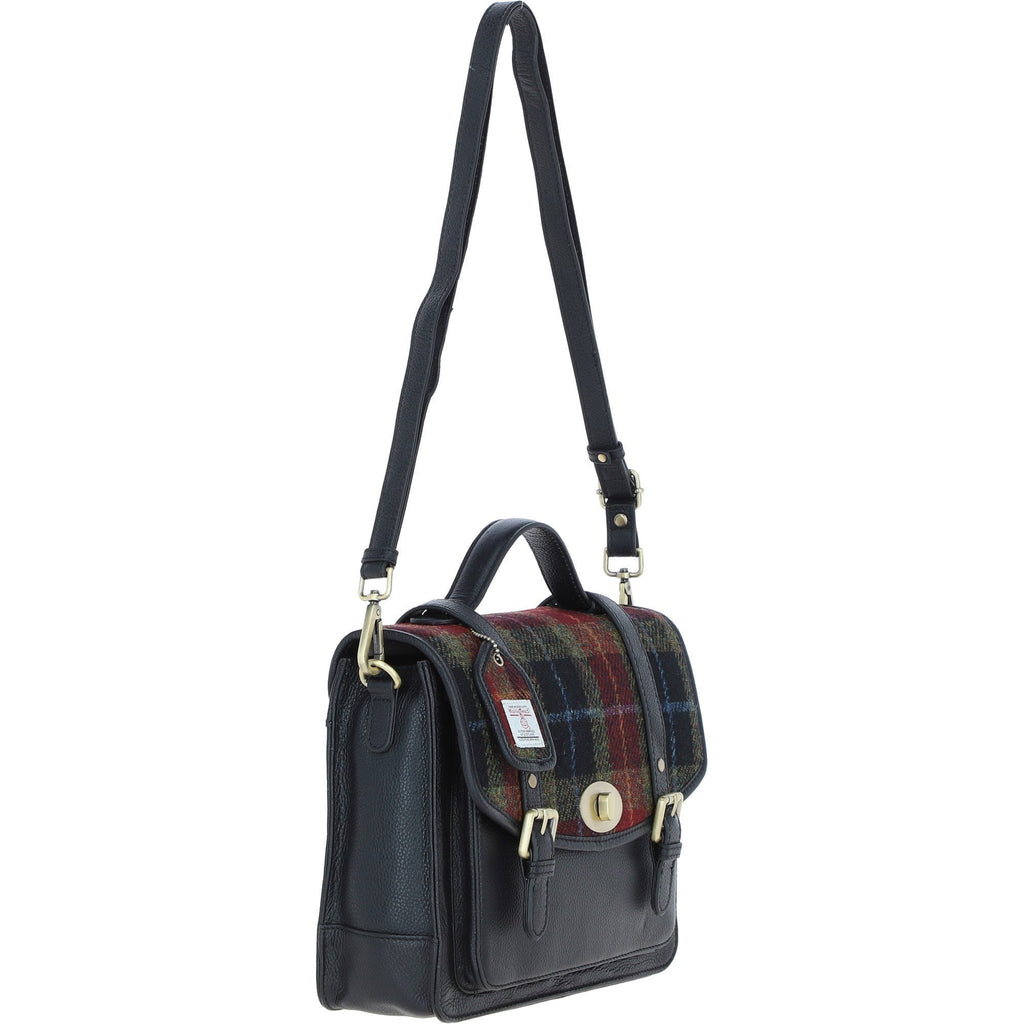 Leather & Harris Tweed Large Twist Lock Satchel – Black / Green / Red, view 4