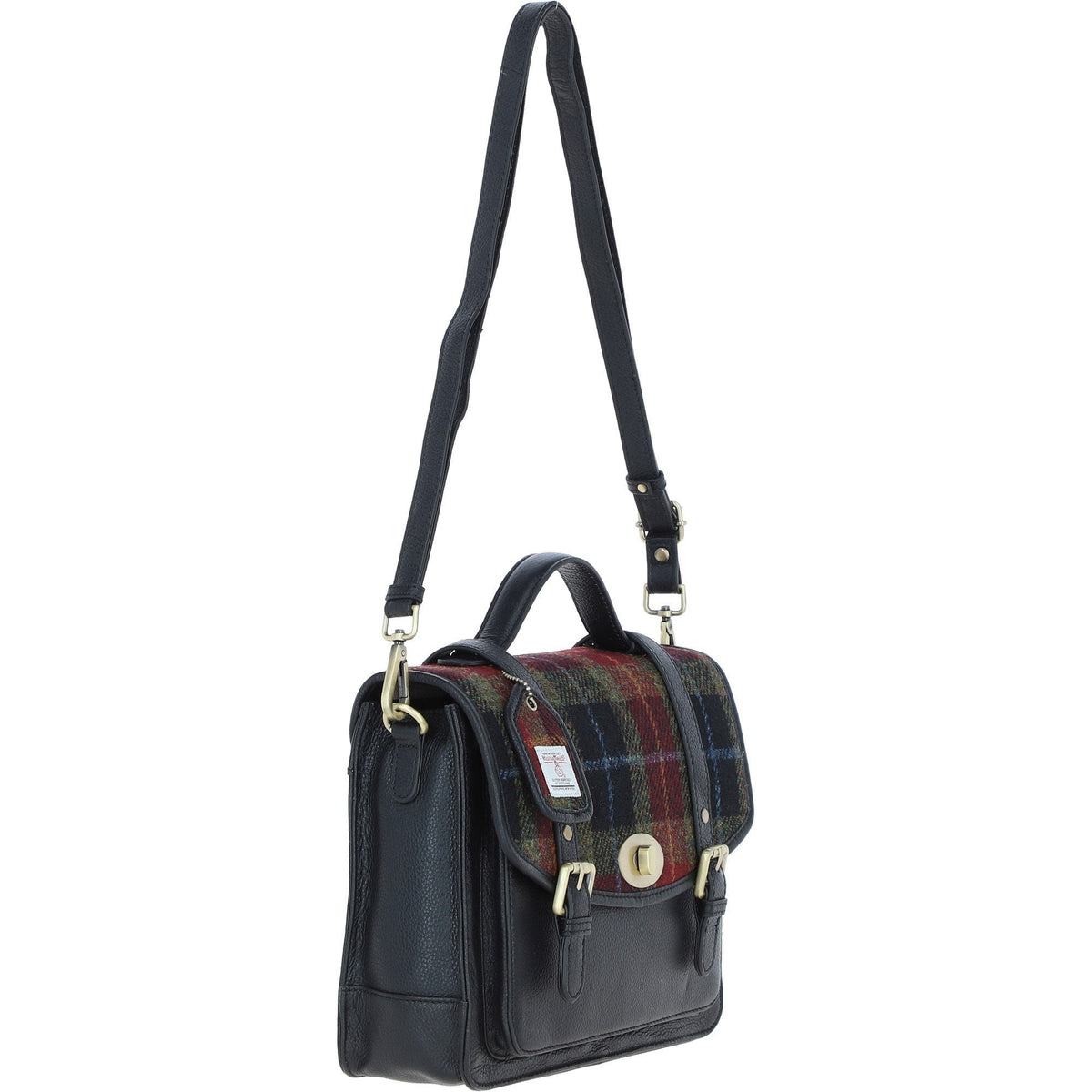 Leather & Harris Tweed Large Twist Lock Satchel – Black / Green / Red, view 4